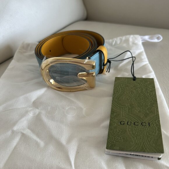 NEW  Gucci Mustard/Blue Leather Memorable G Buckle Belt 85 Cm main image 4